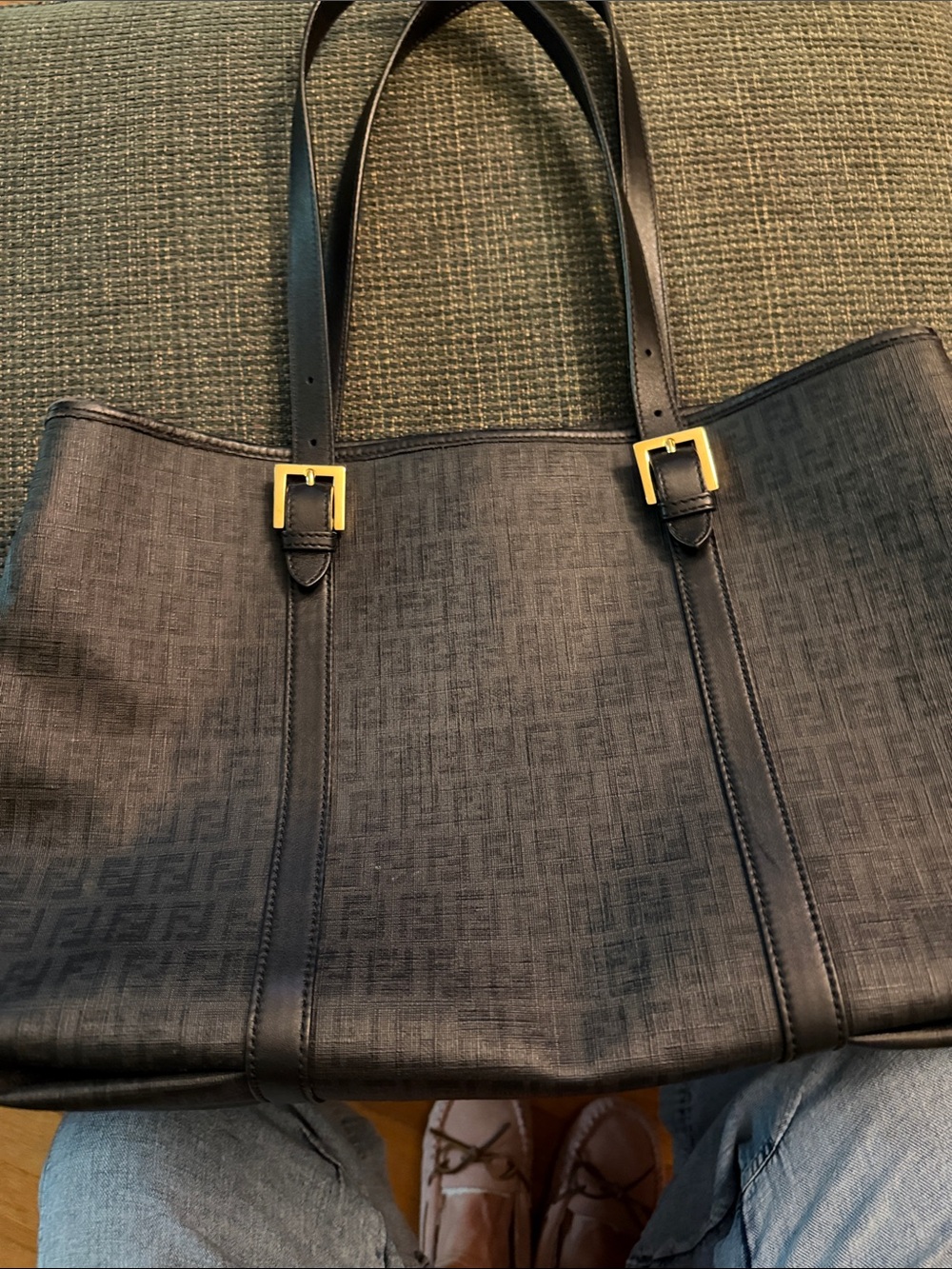 Fendi Black FF Logo Canvas Tote with Gold Hardware